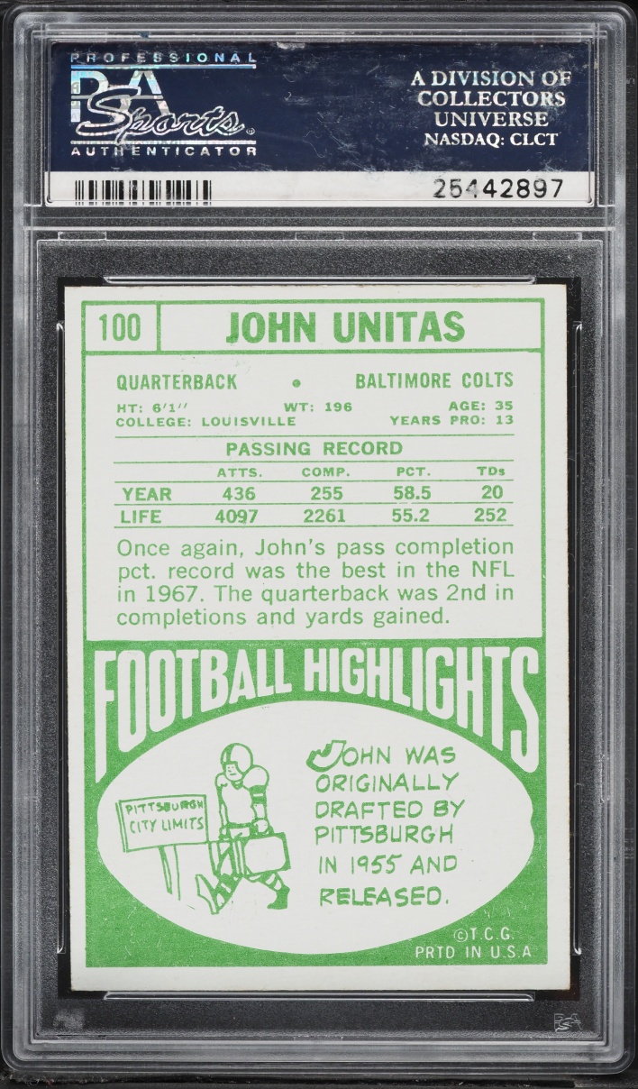 1968 Topps Football Johnny Unitas #100 PSA 7 NRMT - Photo 2