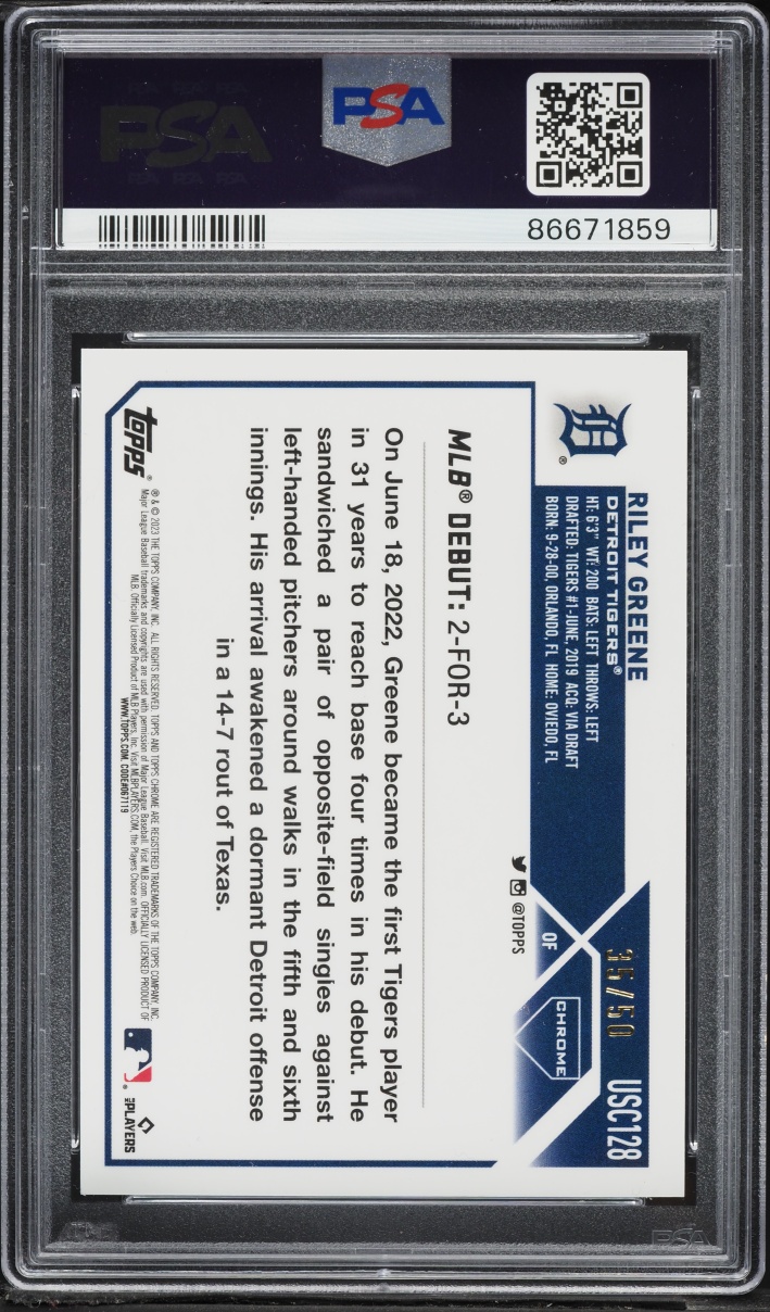 2023 Topps Chrome Update Debut Gold Riley Greene ROOKIE /50 #USC128 PSA 10 GEM MINT - Photo 2