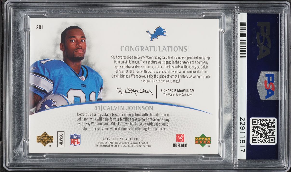 2007 SP Authentic Calvin Johnson ROOKIE PATCH AUTO /399 #291 PSA 10 GEM MINT - Photo 2