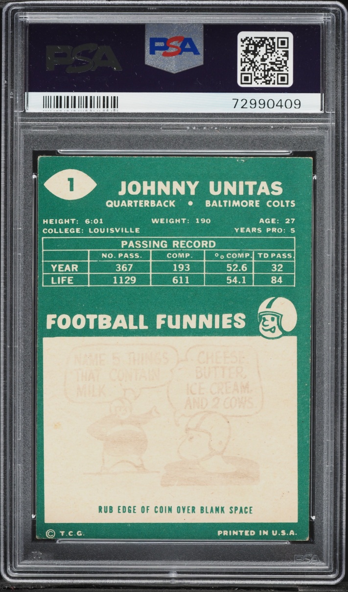 1960 Topps Football Johnny Unitas #1 PSA 5 EX - Photo 2