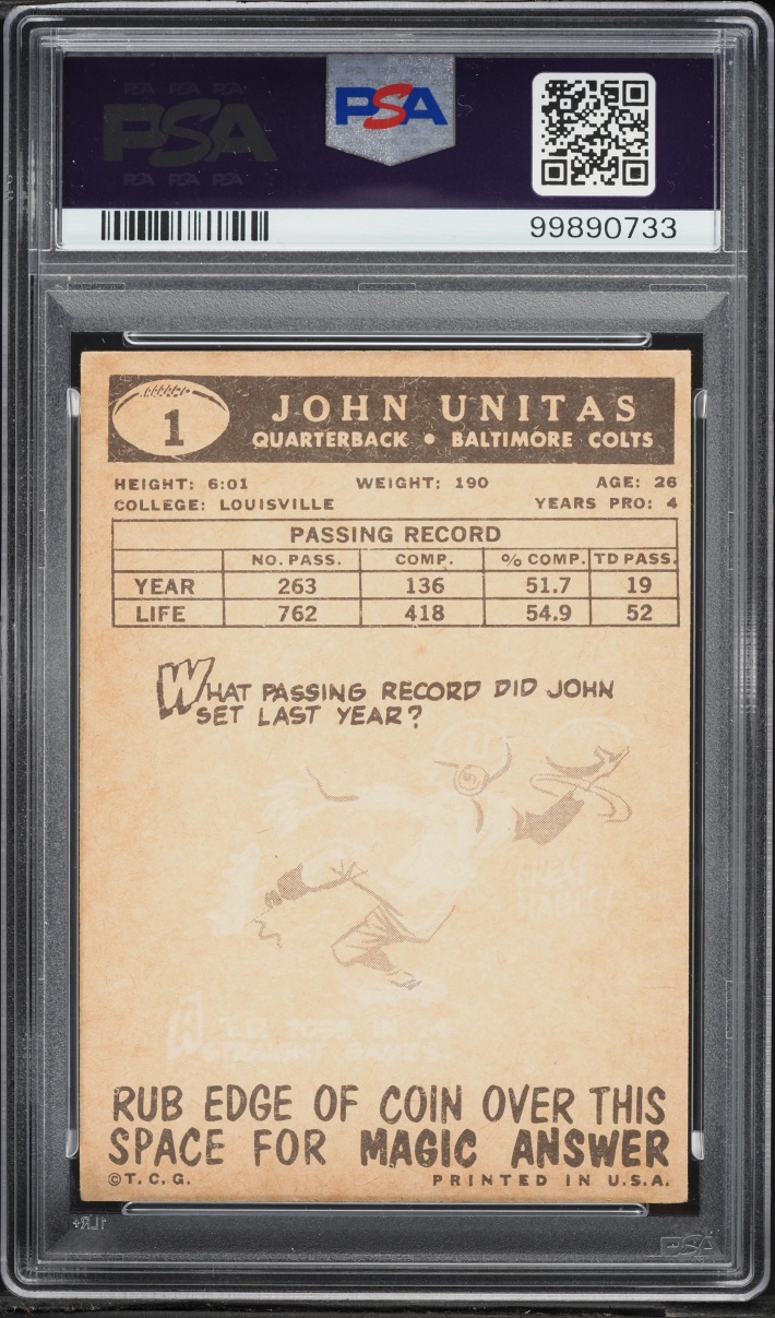 1959 Topps Football Johnny Unitas #1 PSA 6 EXMT - Photo 2
