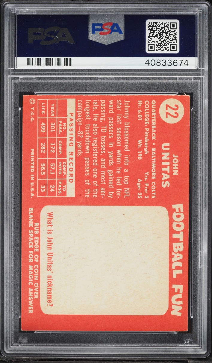 1958 Topps Football Johnny Unitas #22 PSA 6 EXMT - Photo 2
