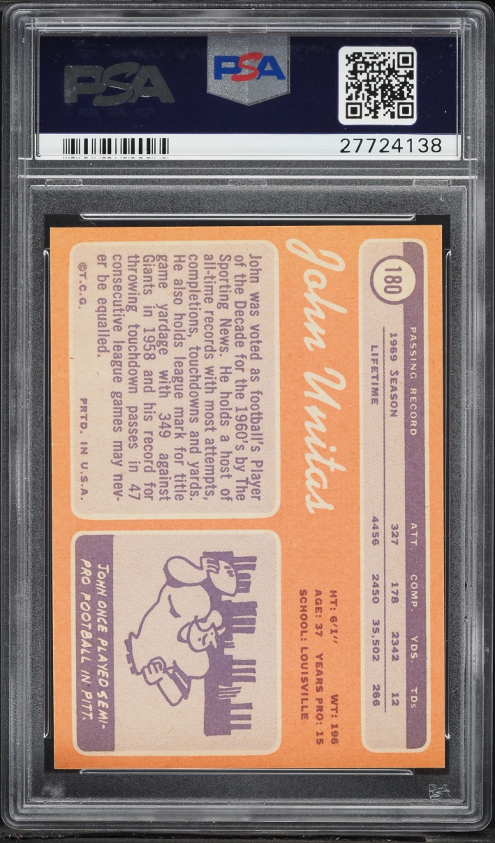 1970 Topps Football Johnny Unitas #180 PSA 8 NM-MT - Photo 2