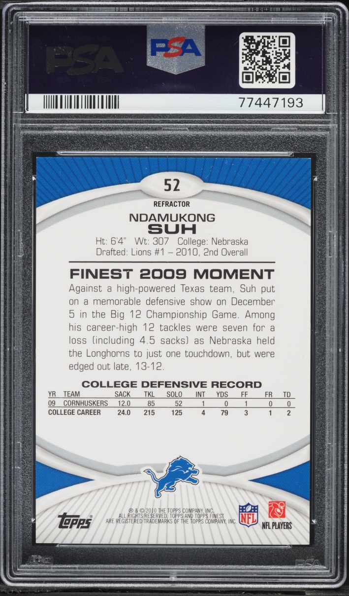 2010 Finest Gold Refractor Ndamukong Suh ROOKIE 50/50 #52 PSA 9 MINT - Photo 2