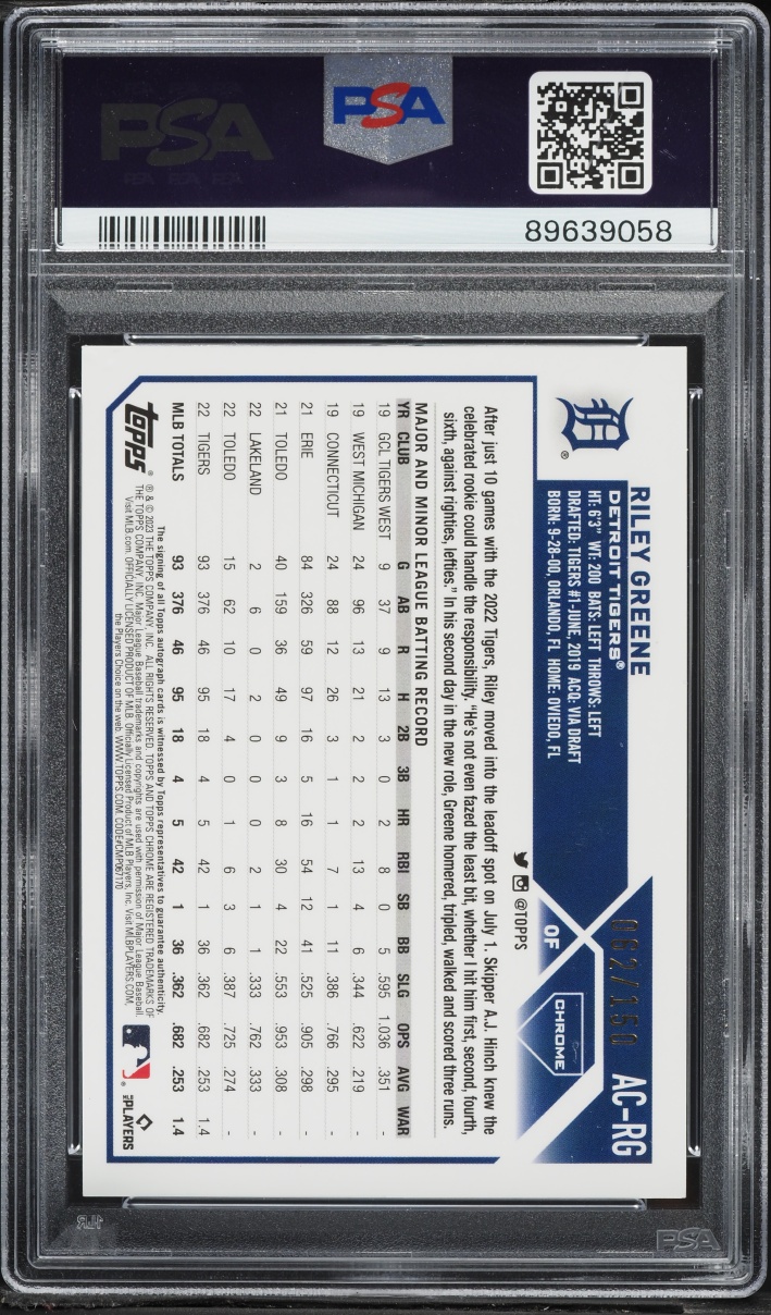 2023 Topps Chrome Update Blue Riley Greene ROOKIE AUTO /150 #AC-RG PSA 10 GEM MINT - Photo 2