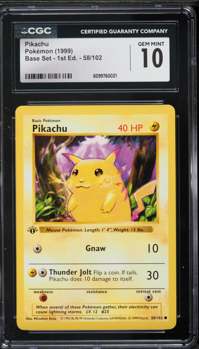 1999 Pokemon Base Set Shadowless 1st Edition Pikachu #58 CGC 10 GEM MINT