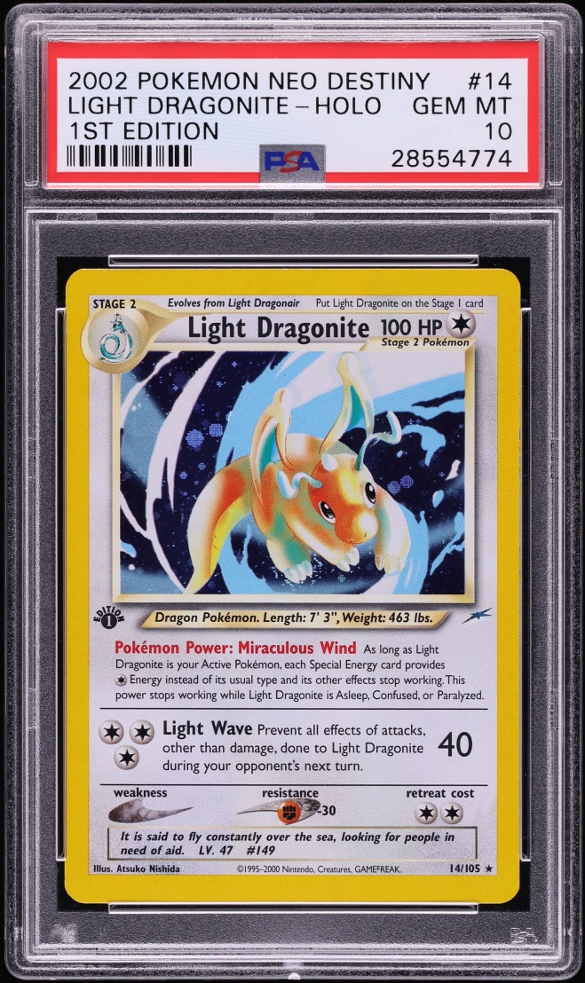 2002 Pokemon Neo Destiny 1st Edition Holo Light Dragonite #14 PSA 10 GEM MINT
