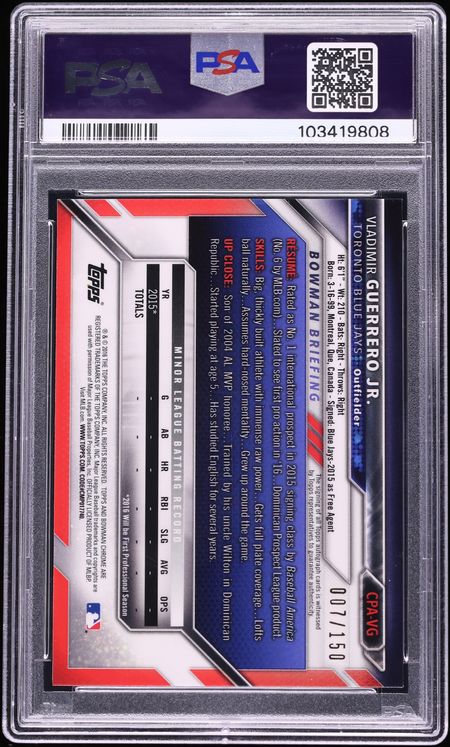 2016 Bowman Chrome Blue Refractor Vladimir Guerrero Jr. PROSPECT AUTO /150 #CPA-VG PSA 10 GEM