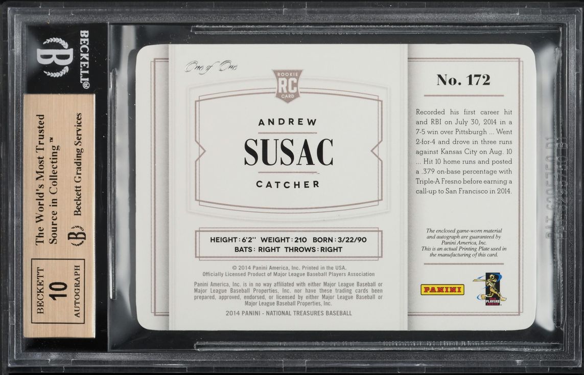 2014 National Treasures P/P Black Andrew Susac RC PATCH AUTO 1/1 #172 BGS 9.5
