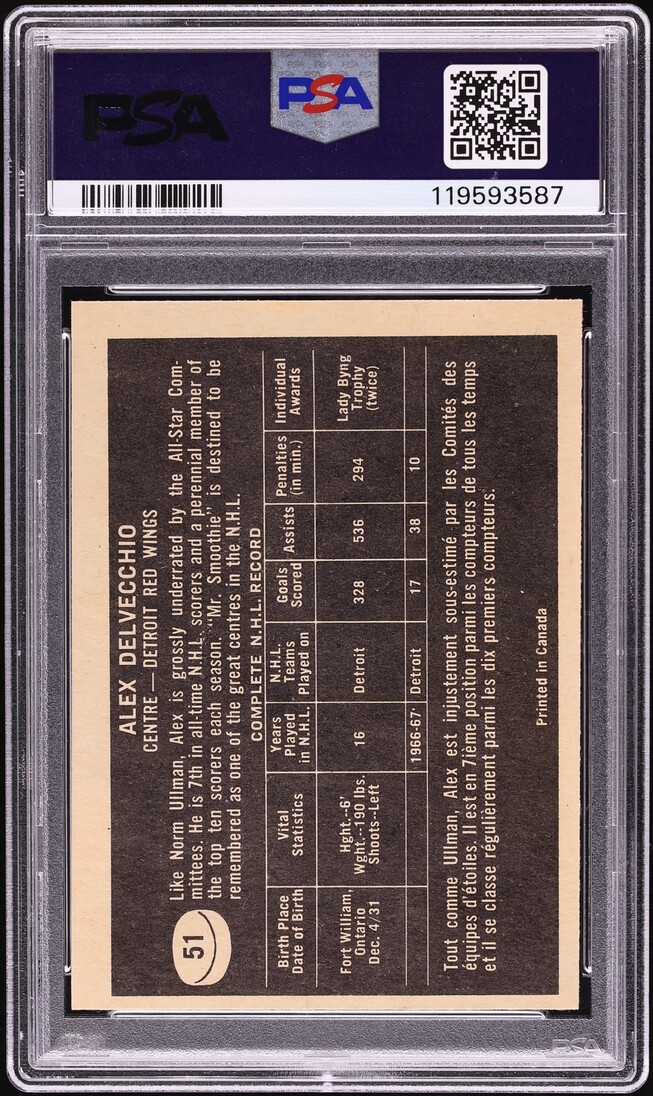 1967 Topps Hockey Alex Delvecchio #51 PSA 8 NM-MT