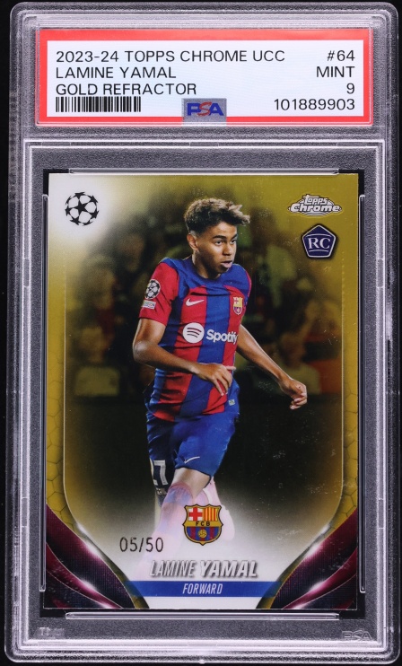 2023 Topps Chrome UEFA Club Competitions Gold Refractor Lamine Yamal ROOKIE /50 #64 PSA 9 MINT