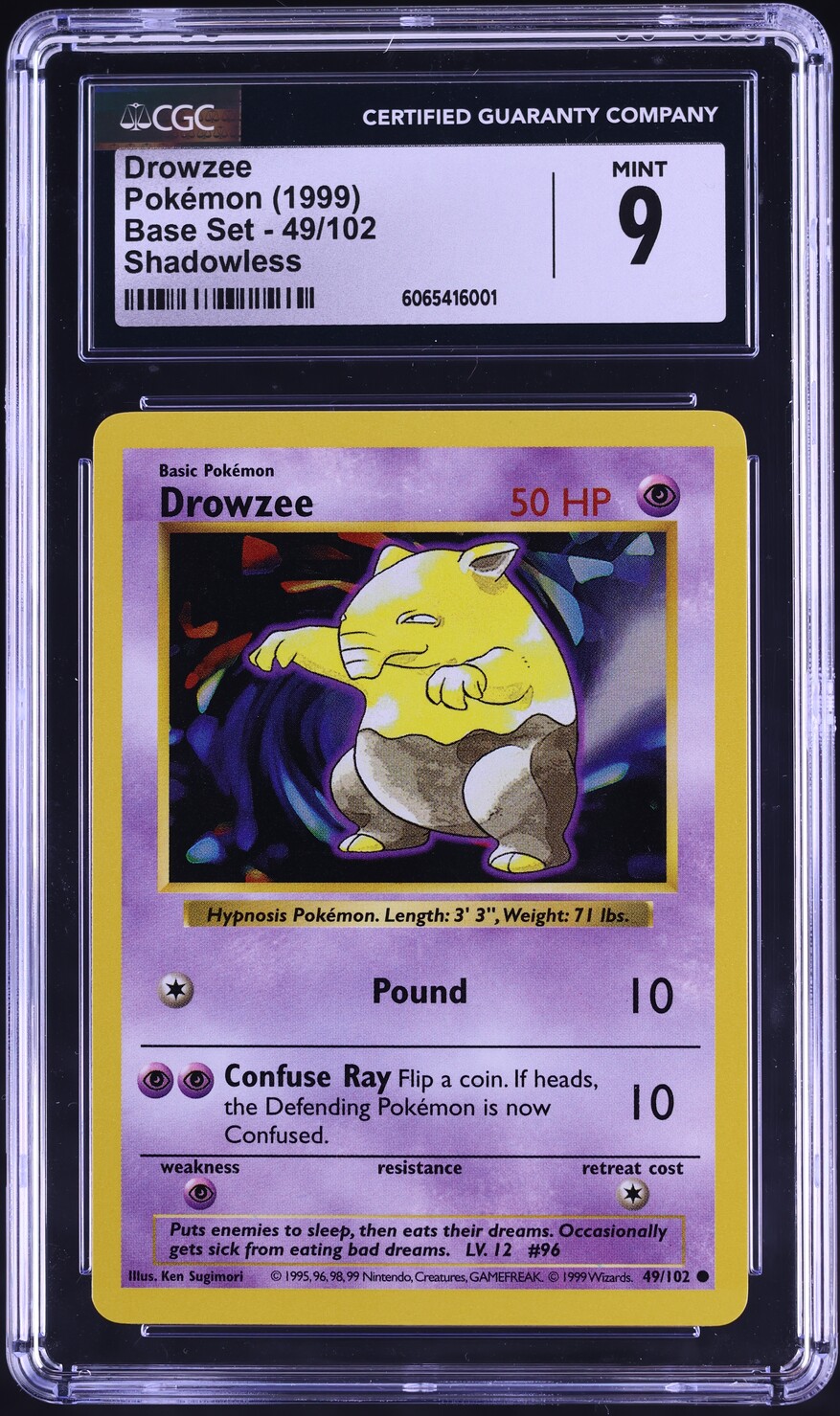 1999 Pokemon Base Set Shadowless Drowzee #49 CGC 9 MINT - Main Image