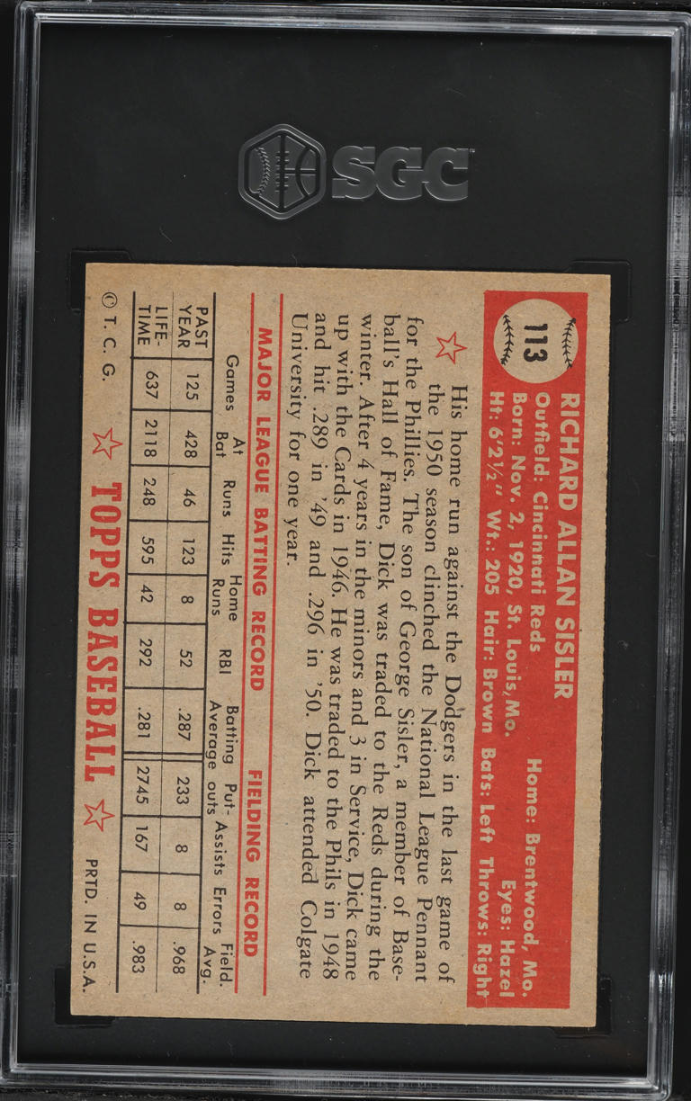 1952 Topps Dick Sisler #113 SGC AUTH