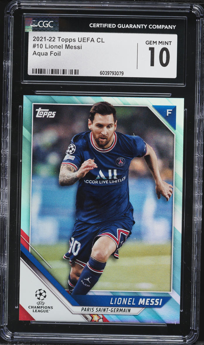 2021 Topps UEFA Champions League Aqua Foil Lionel Messi /299 #10 CGC 10 GEM MINT