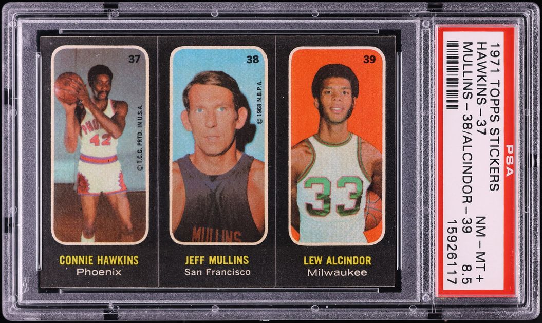 1971 Topps Stickers Lew Alcindor Jeff Mullins Connie Hawkins PSA 8.5 NM-MT+