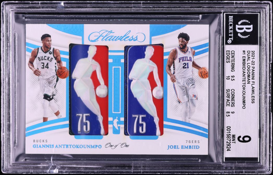 2021 Panini Flawless Dual Joel Embiid Giannis Antetokounmpo NBA LOGOMAN PATCH 1/1 BGS 9 MINT