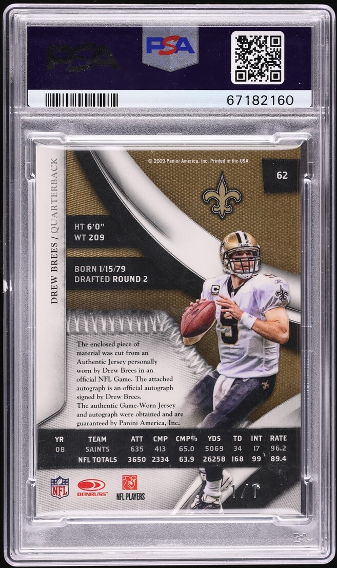 2009 Playoff National Treasures Century Prime Drew Brees PATCH AUTO DNA 10 1/1 #62 PSA AUTH - Photo 2