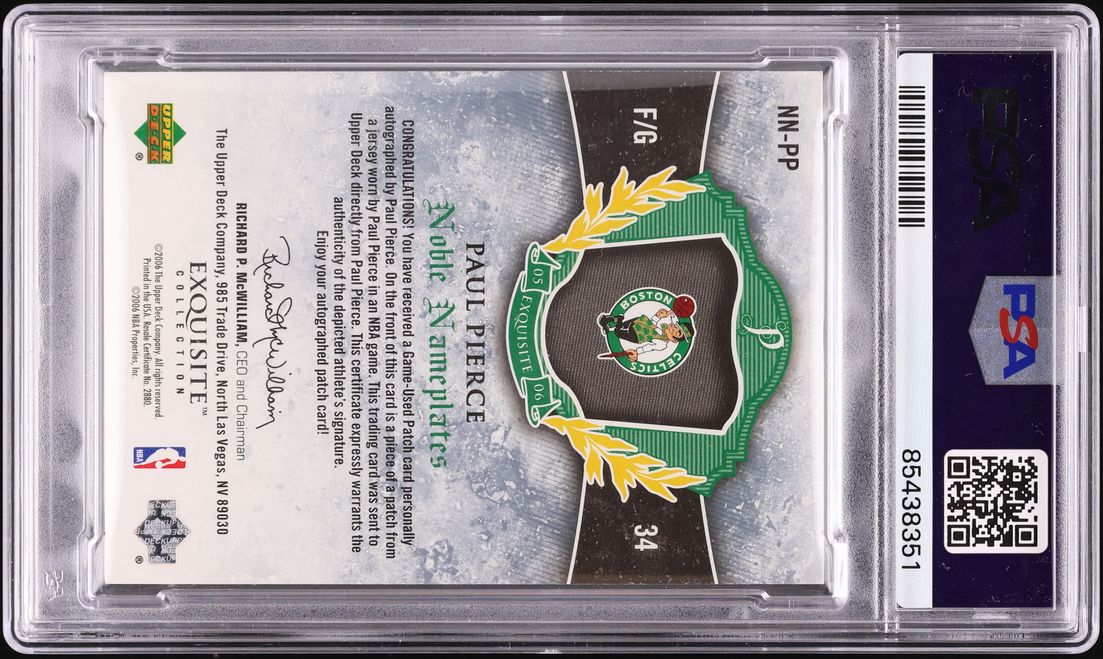 2005 Exquisite Collection Noble Nameplates Paul Pierce PATCH AUTO /25 #NN-PP PSA 9 MINT - Photo 2