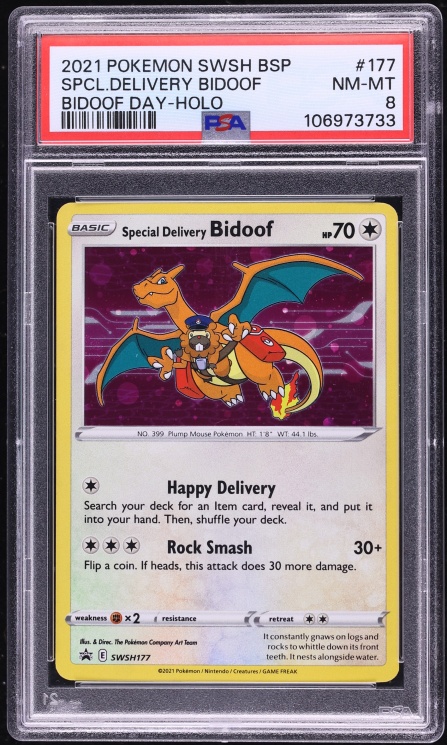 2021 Pokemon Sword & Shield Promo Day Center Holo Special Delivery Bidoof #SWSH177 PSA 8 NM-MT