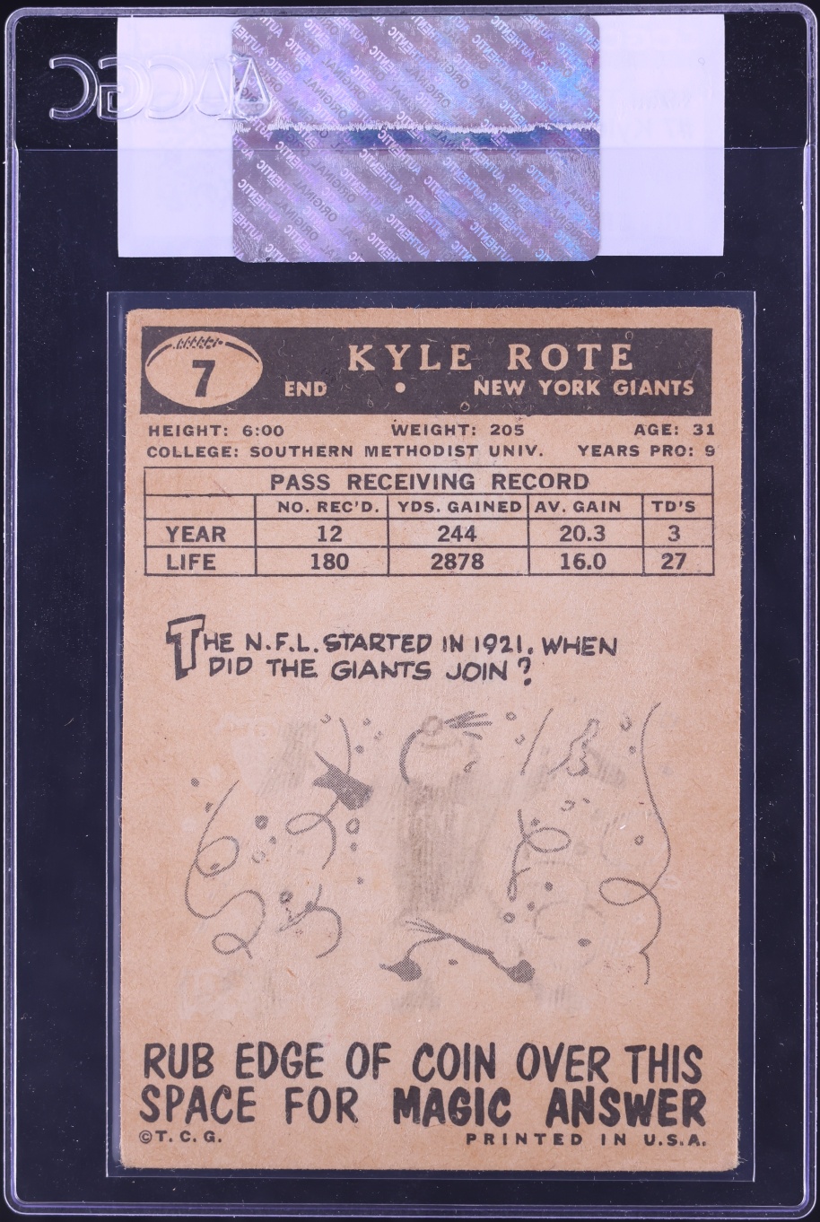 1959 Topps Football Kyle Rote #7 CGC AUTH