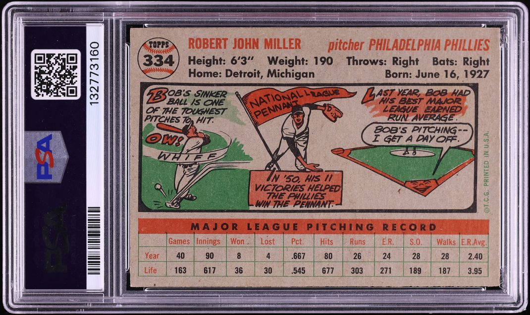 1956 Topps Bob Miller #334 PSA 6 EXMT
