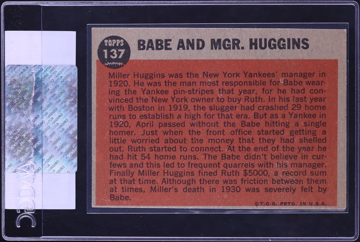 1962 Topps Babe Ruth And Manager Miller Huggins #137 CGC AUTH