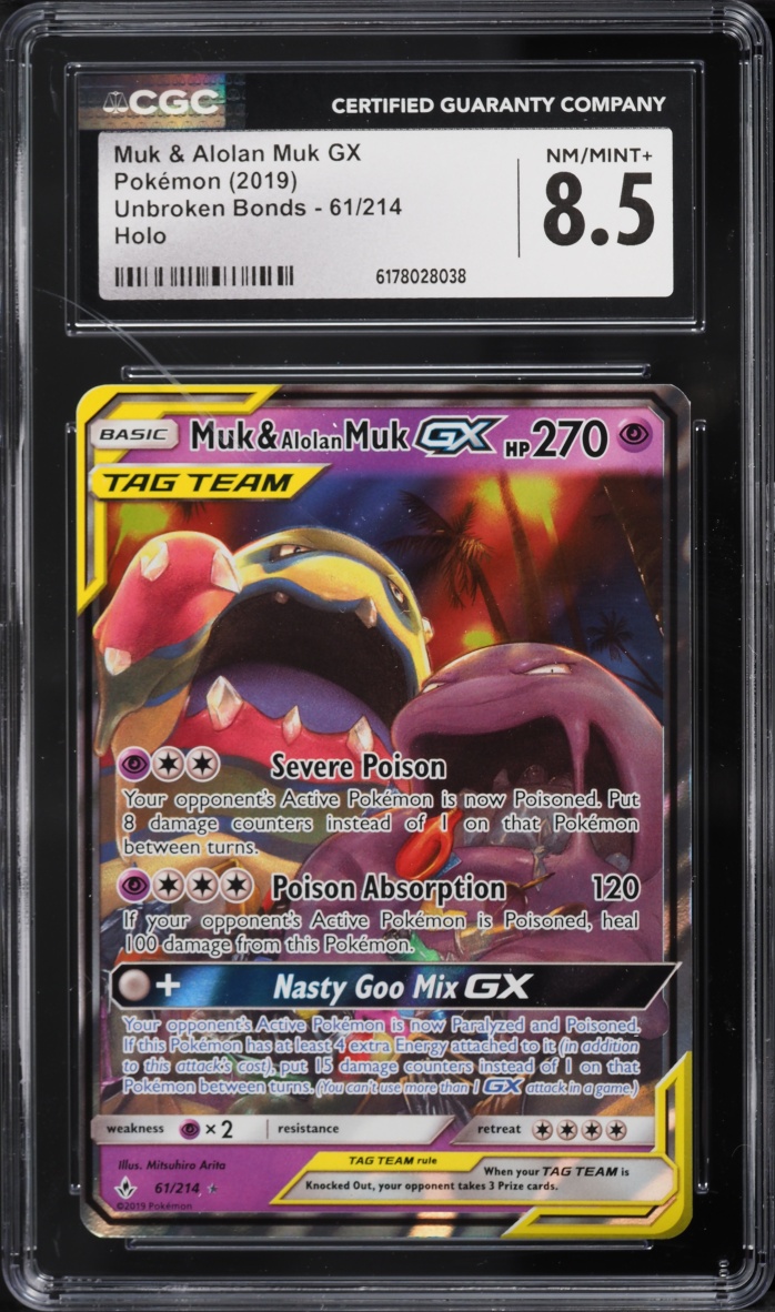 2019 Pokemon Sun & Moon Unbroken Bonds Holo Muk & Alolan Muk GX #61 CGC 8.5 NM-MT+