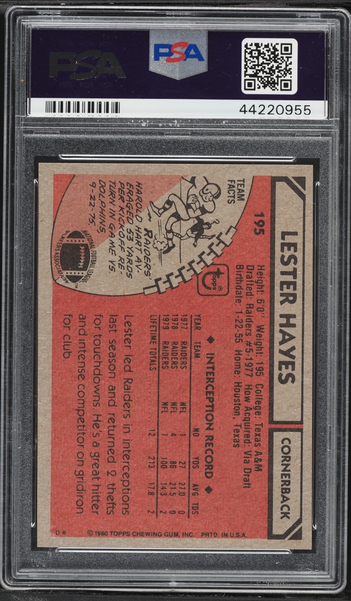 1980 Topps Football Lester Hayes ROOKIE #195 PSA 9 MINT