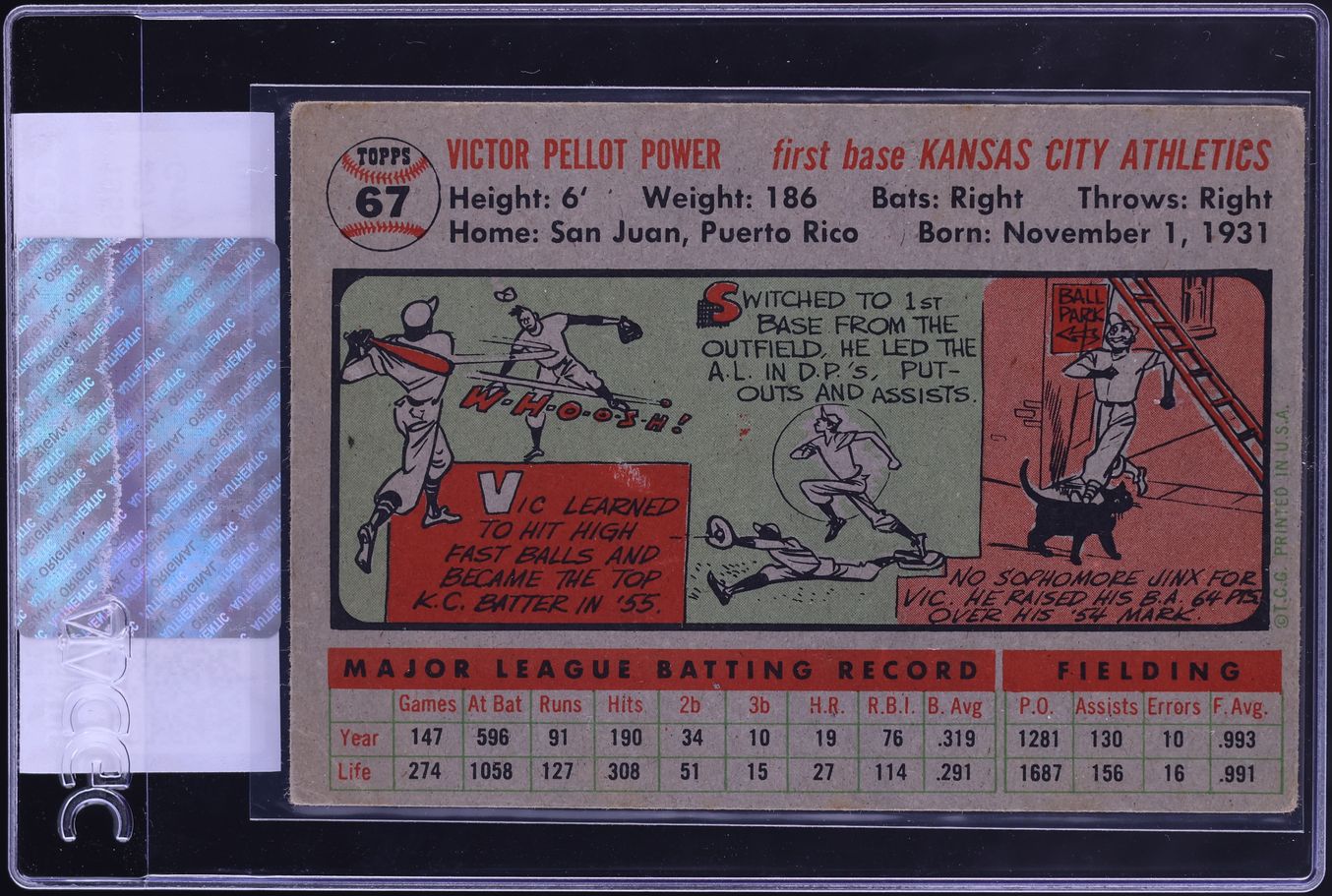 1956 Topps Vic Power GRAY BACK #67 CGC AUTH