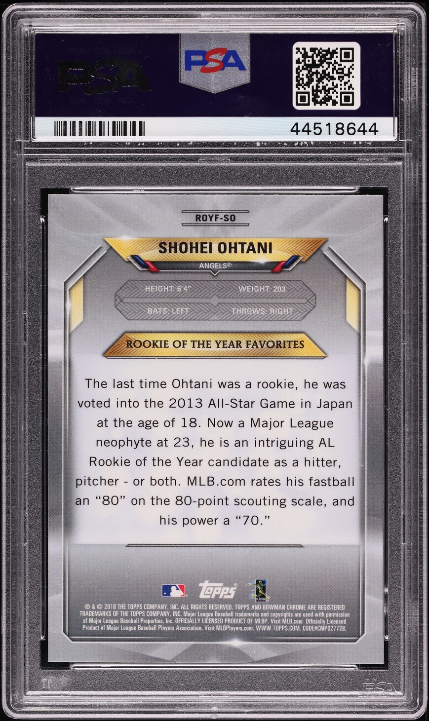 2018 Bowman Mega Box Chrome ROY Favorites Shohei Ohtani ROOKIE #ROYF-SO PSA 10 GEM MINT