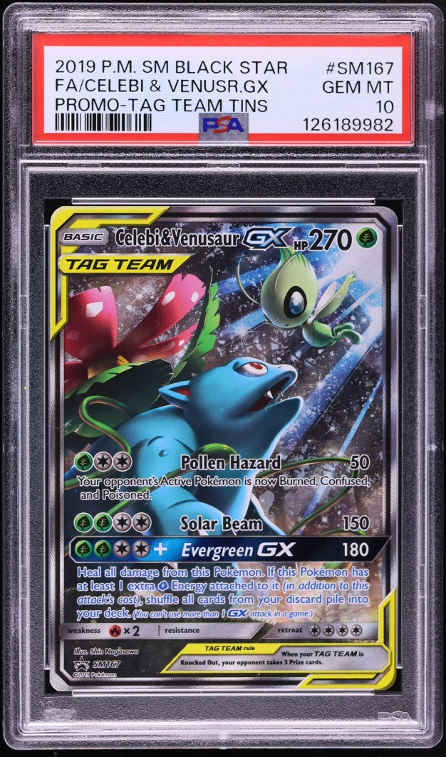 2019 Pokemon Sun & Moon Promo Tag Team Tin Full Art Celebi & Venusaur GX #SM167 PSA 10 GEM MINT