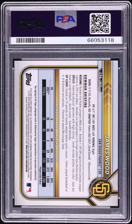 2022 Bowman Chrome Red Lava Refractor James Wood PROSPECT AUTO 1/5 #CPA-JWD PSA 10 GEM MINT