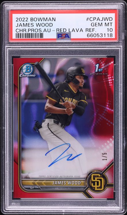 2022 Bowman Chrome Red Lava Refractor James Wood PROSPECT AUTO 1/5 #CPA-JWD PSA 10 GEM MINT