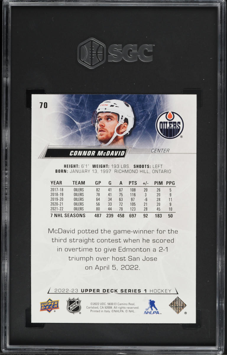 2022 Upper Deck Hockey Connor Mcdavid #70 SGC 10 GEM MINT