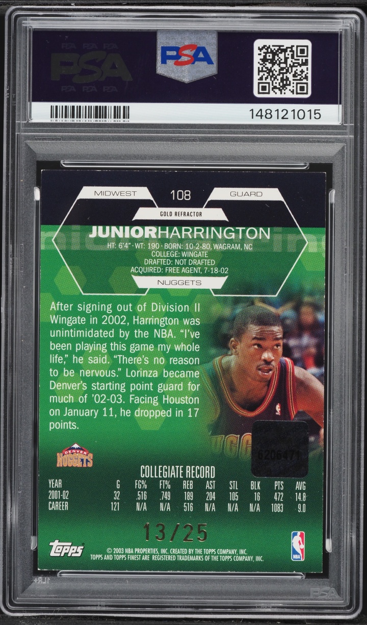 2002 Finest Gold Refractors Junior Harrington ROOKIE AUTO /25 #108 PSA 8 NM-MT