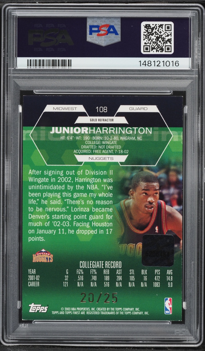 2002 Finest Gold Refractor Junior Harrington ROOKIE AUTO /25 #108 PSA 8 NM-MT