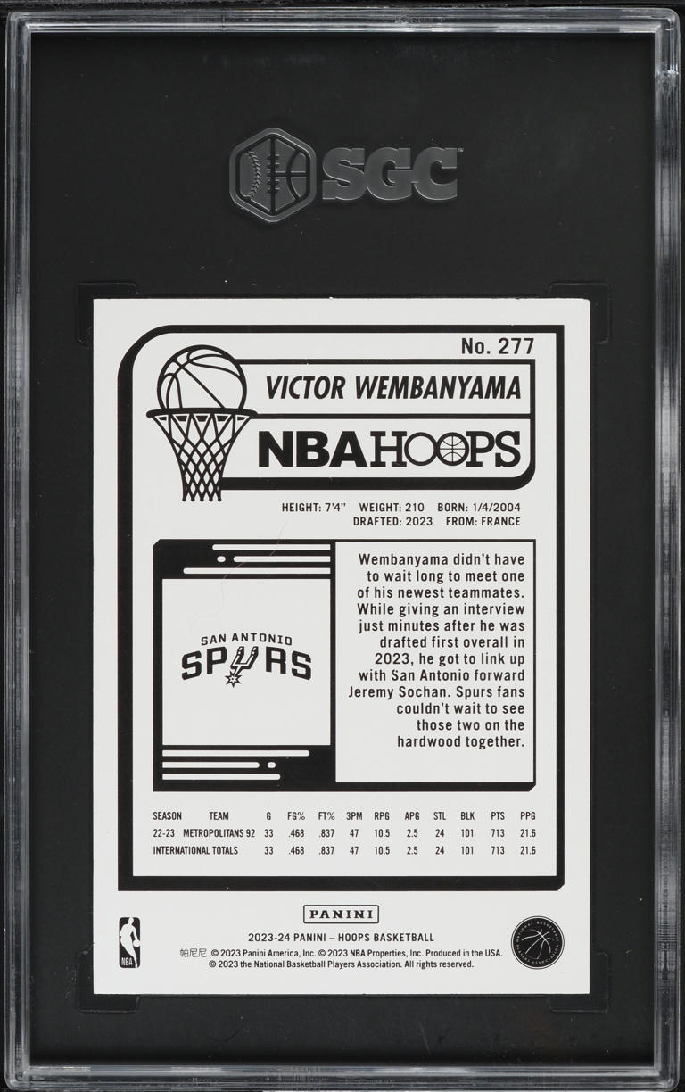 2023 Hoops Victor Wembanyama ROOKIE #277 SGC 9 MINT