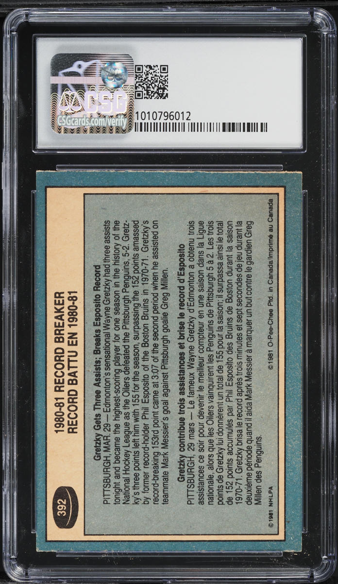 1981 O-Pee-Chee Hockey Record Breaker Wayne Gretzky #392 CSG 7 NRMT