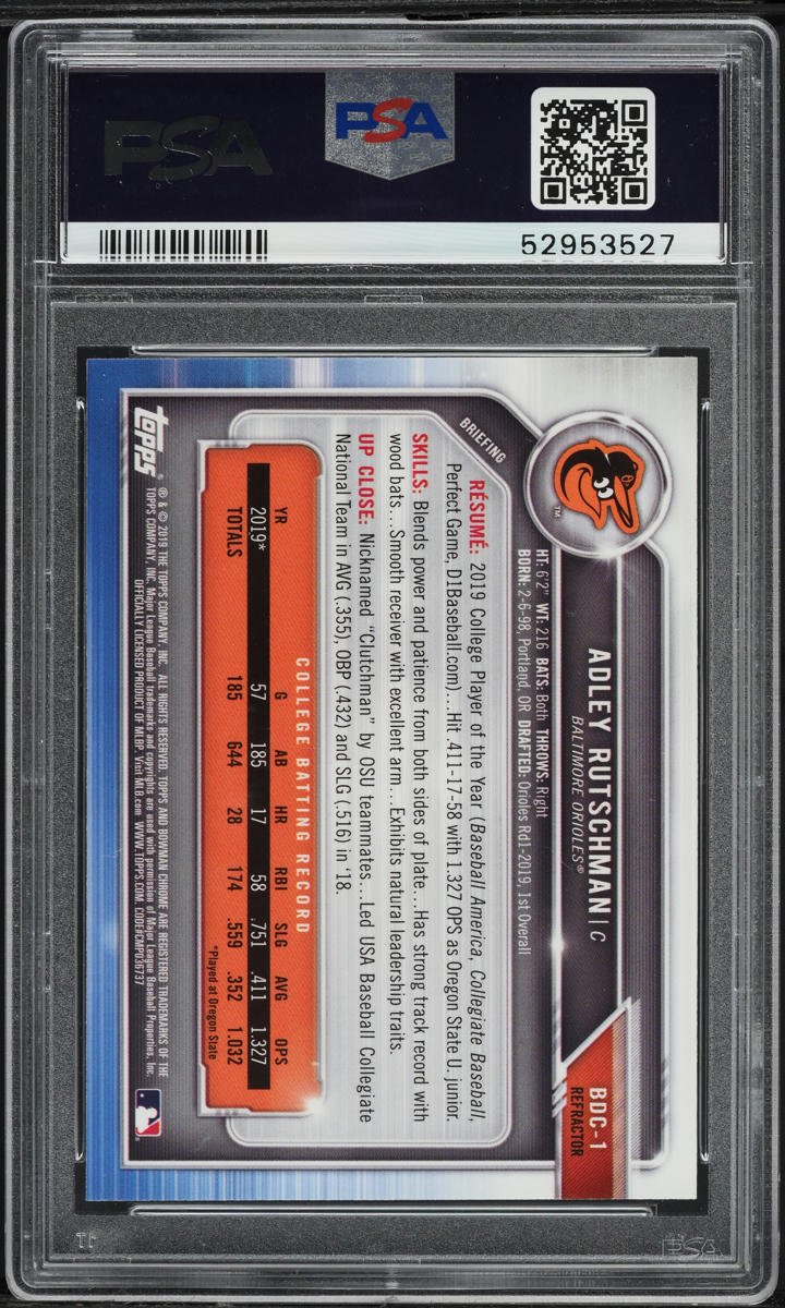 2019 Bowman Chrome Draft Refractor Adley Rutschman ROOKIE #BDC-1 PSA 9 MINT