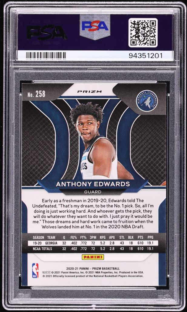 2020 Panini Prizm Choice Tiger Stripe Anthony Edwards ROOKIE #258 PSA 10 GEM