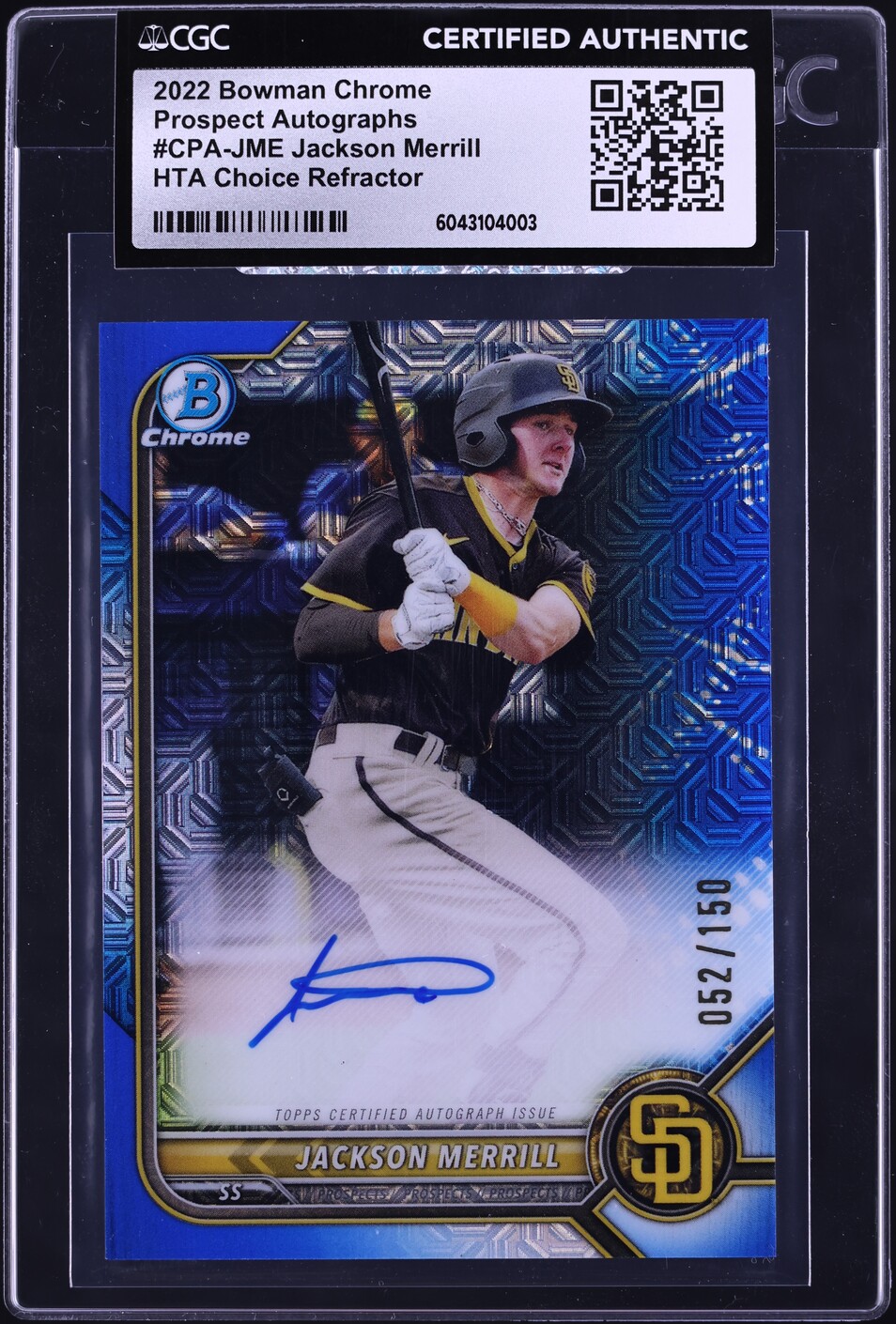 2022 Bowman Chrome HTA Choice Ref. Jackson Merrill PROSPESCT AUTO /150 CGC AUTH