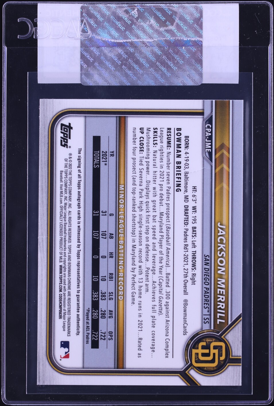 2022 Bowman Chrome HTA Choice Ref. Jackson Merrill PROSPESCT AUTO /150 CGC AUTH