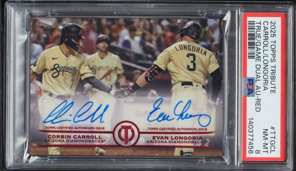 2025 Topps Tribute True To The Game Dual Red Corbin Carroll Evan Longoria AUTO /10 PSA 8 NM-MT