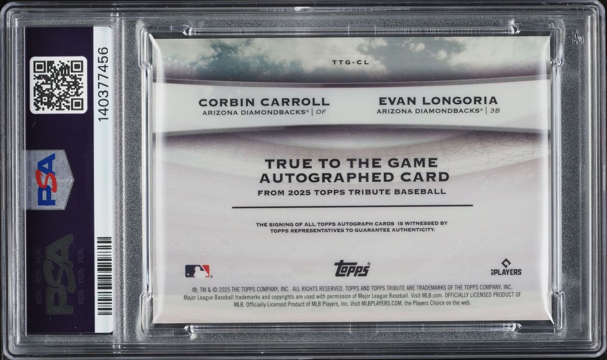 2025 Topps Tribute True To The Game Dual Red Corbin Carroll Evan Longoria AUTO /10 PSA 8 NM-MT