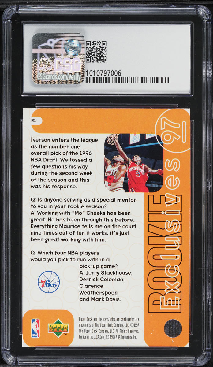 1996 Upper Deck Exclusives Allen Iverson ROOKIE #R1 CSG 8 NM-MT