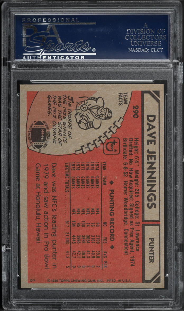 1980 Topps Football Dave Jennings ALL-PRO #290 PSA 10 GEM MINT