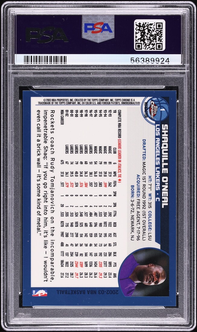 2002 Topps Chrome Refractor Shaquille O'Neal #1 PSA 10 GEM MINT
