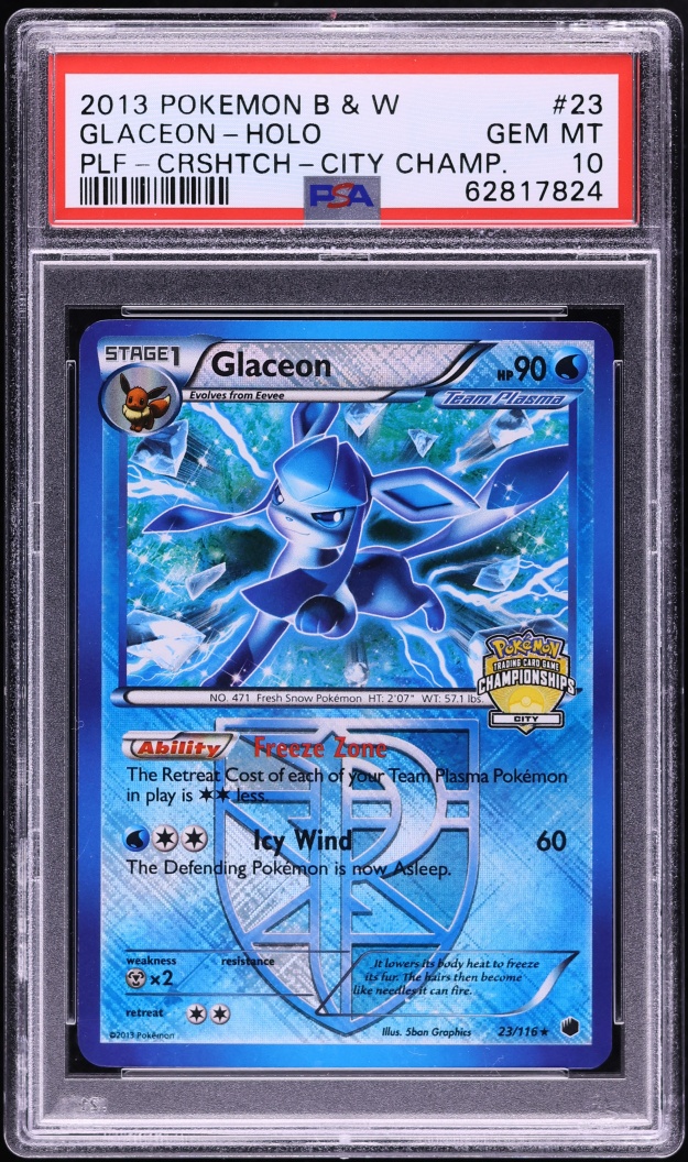 2013 Pokemon Black & White Plasma Freeze City Championships Crosshatch Holo Glaceon #23 PSA 10