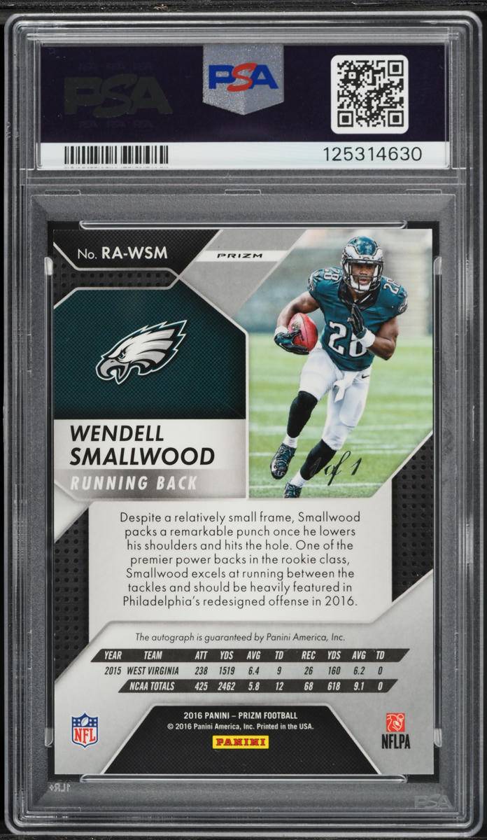 2016 Panini Prizm Black Finite Wendell Smallwood ROOKIE AUTO DNA 10 1/1 #RAWSM PSA 9 MINT