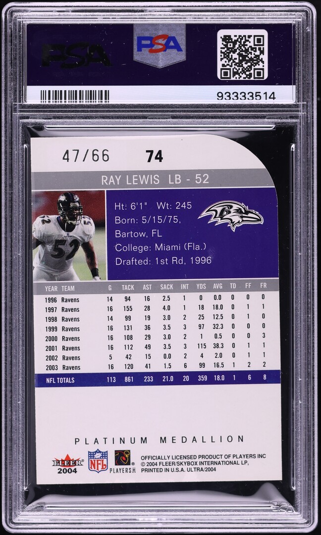 2004 Ultra Platinum Medallion Ray Lewis /66 #74 PSA 9 MINT on